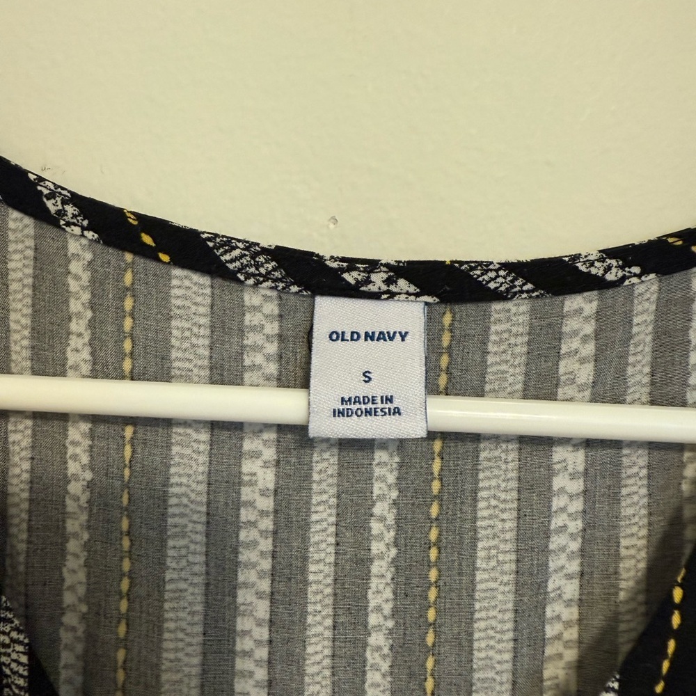 2/$15 Old Navy - Black White Yellow Striped Mini Dress Short Sleeve V Neck Small - Picture 5 of 7